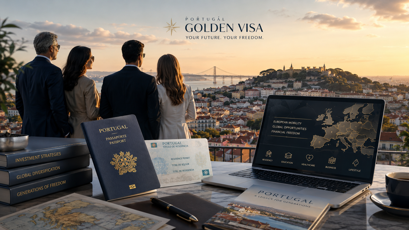 Cinematic aerial view of Lisbon at sunset.