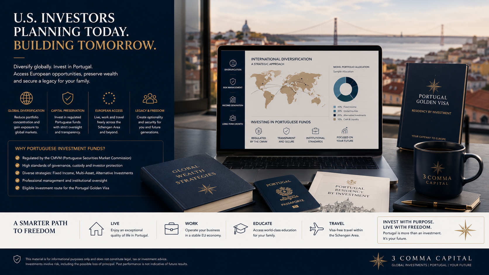 Professional U.S. investor planning international diversification into Portuguese regulated investment funds. Modern financial planning, European residency strategy, wealth management concept