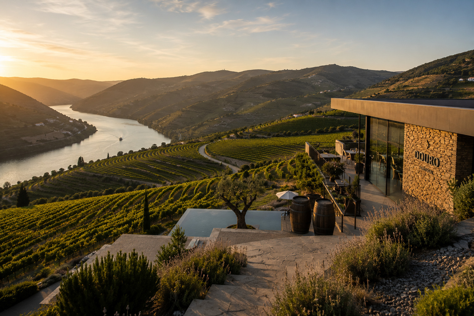A contemporary wine estate in the Douro at the end of the day, integrated naturally into the landscape.